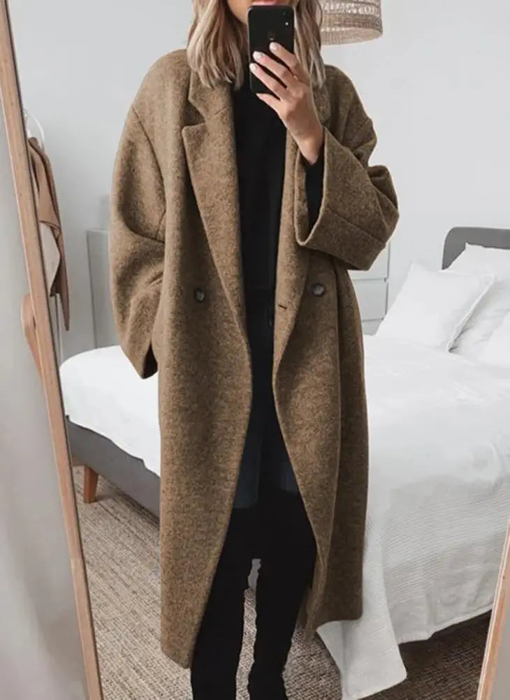 Women Winter faux wool Coat Long Sleeve Lapel Trench Coat