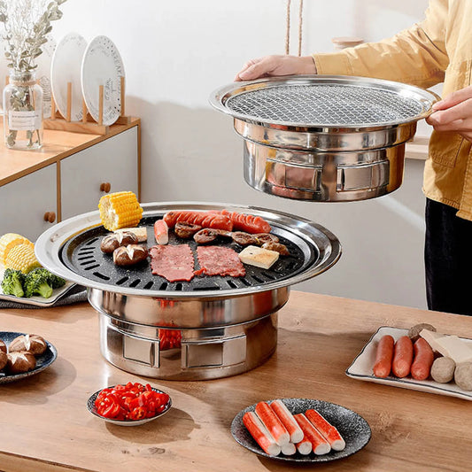 13 Inch Korean BBQ Grill Multifunctional Charcoal round Stove Tabletop Smoker with Grilled Net & Tray for Camping