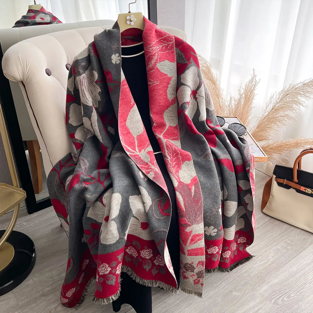 Women's Two-Sided Print Scarf Imitation Cashmere Soft Warm Pashmina Shawl Winter Coldproof Windproof Blanket Scarf for Outdoor Fashion