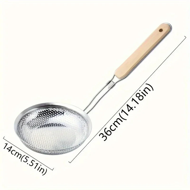 Stainless Steel Colander with Wooden Handle - Food Prep Skimmer Spoon for Cooking  Grease Filtering