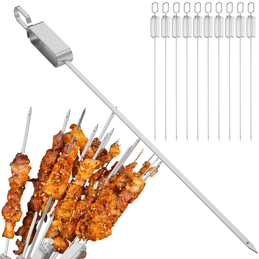 10Pcs BBQ Skewers Set with Storage Bag Stainless Steel Grilling Metal Skewers Flat Barbecue Kabob Sticks