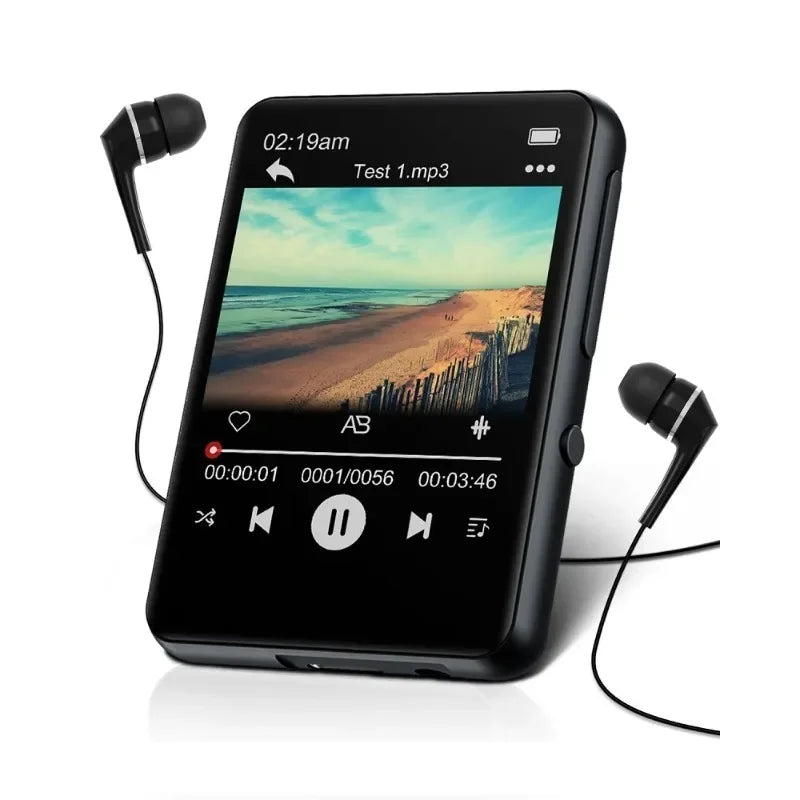 Black touch screen MP3 player with Bluetooth 5.0, built-in speaker, 2.4-inch display, and 32GB storage