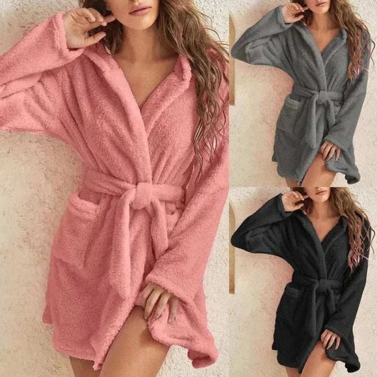 Thickened fleece women’s sleeping robe hooded winter bathrobe with pockets in solid color