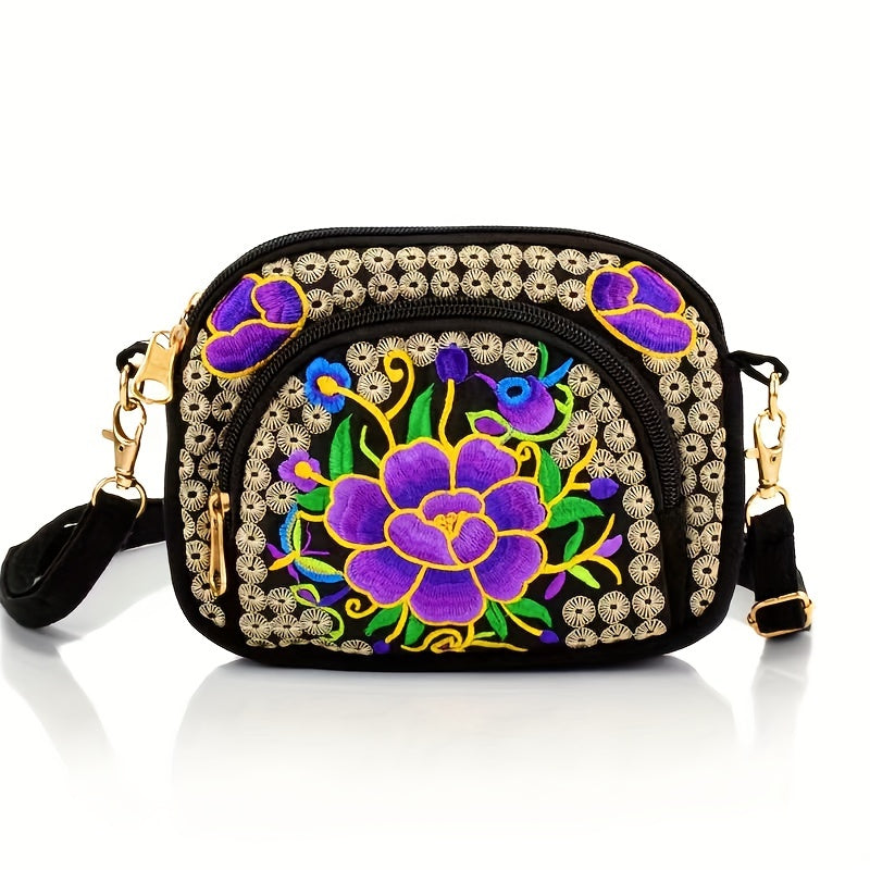Floral Embroidered Crossbody Zipper Bag Purse Travel Accessory  for Women Outings