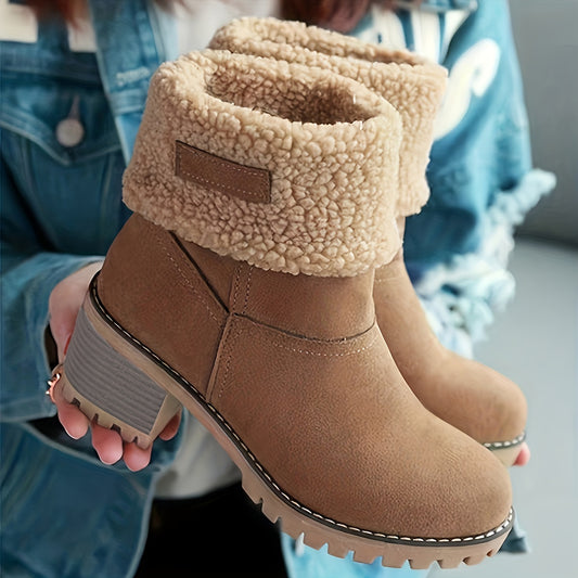 Warm Faux Fur Lined Women Boots Slip On Block Heeled Ankle Boots Women Footwear