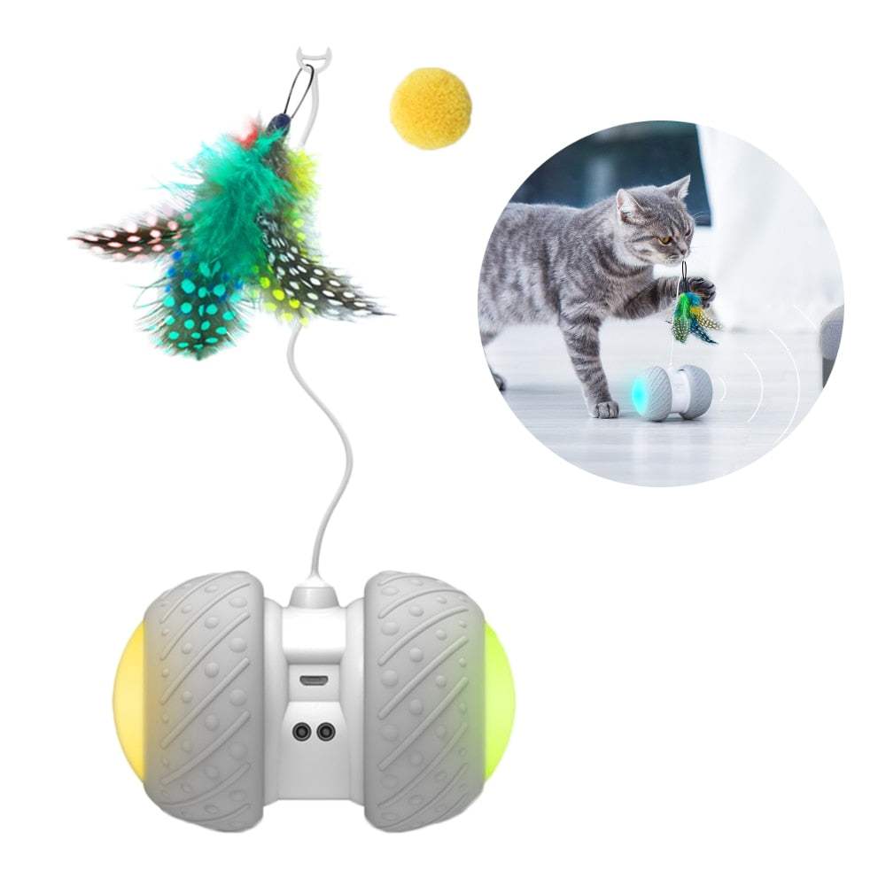 Interactive automatic rotating cat toy with colorful feather accessories and LED lights for kitten training and play