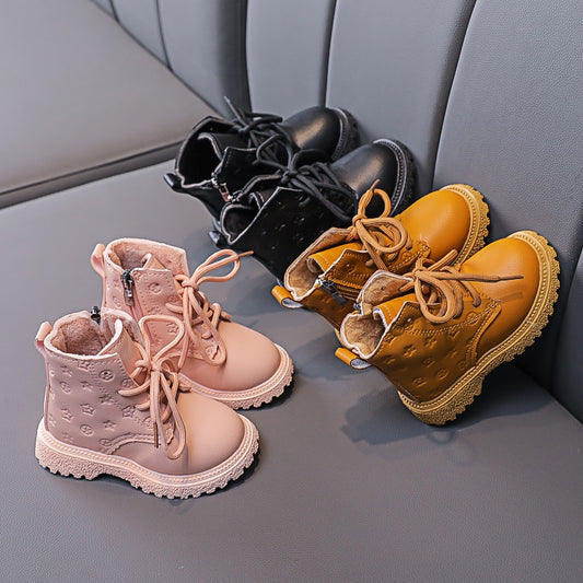 Autumn And Winter New Two-cotton Warm Female Baby Thin Velvet Lace-up Leather Boots Boy Martin Boots Cute Print Ankle Boots 2021