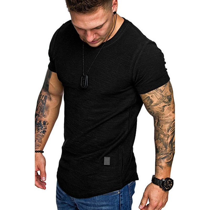 Men&#39;s Casual Fashion Solid o Neck t-Shirt Summer Bodybuilding Sports Running t-Shirt Fitness Short-Sleeve Crossfit Exercise Top