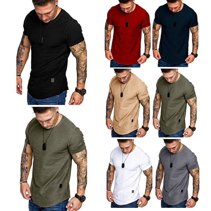 Men&#39;s Casual Fashion Solid o Neck t-Shirt Summer Bodybuilding Sports Running t-Shirt Fitness Short-Sleeve Crossfit Exercise Top