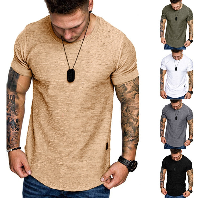 Men&#39;s Casual Fashion Solid o Neck t-Shirt Summer Bodybuilding Sports Running t-Shirt Fitness Short-Sleeve Crossfit Exercise Top