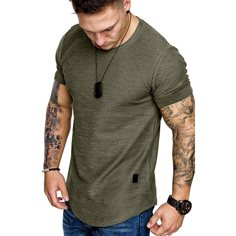 Men&#39;s Casual Fashion Solid o Neck t-Shirt Summer Bodybuilding Sports Running t-Shirt Fitness Short-Sleeve Crossfit Exercise Top