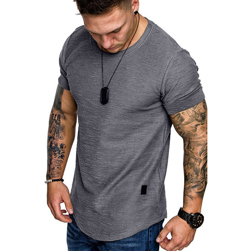 Men&#39;s Casual Fashion Solid o Neck t-Shirt Summer Bodybuilding Sports Running t-Shirt Fitness Short-Sleeve Crossfit Exercise Top