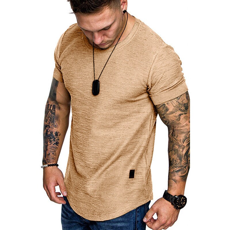 Men&#39;s Casual Fashion Solid o Neck t-Shirt Summer Bodybuilding Sports Running t-Shirt Fitness Short-Sleeve Crossfit Exercise Top