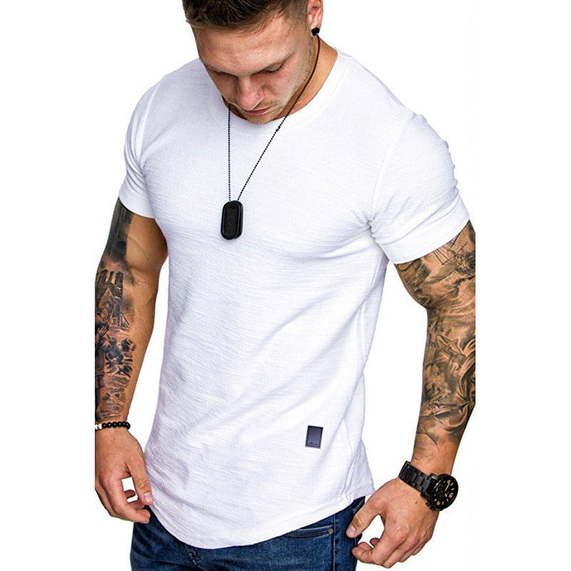 Men&#39;s Casual Fashion Solid o Neck t-Shirt Summer Bodybuilding Sports Running t-Shirt Fitness Short-Sleeve Crossfit Exercise Top