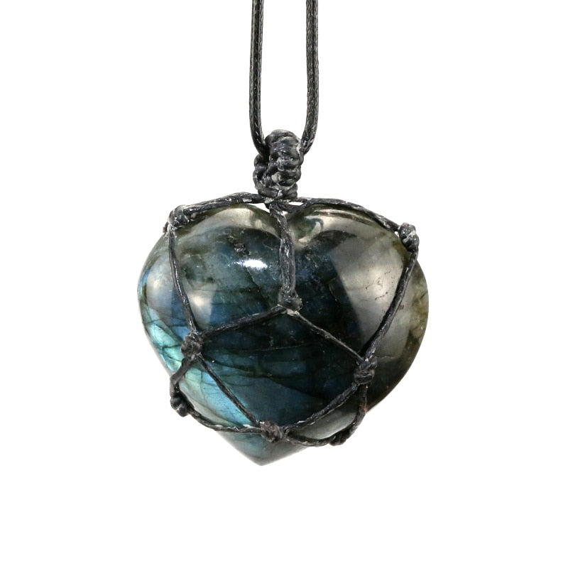 Natural Stone Pendant Wrap braid Necklace Heart shape Labradorite Necklace Yoga macrame Necklace for men women Energy necklace