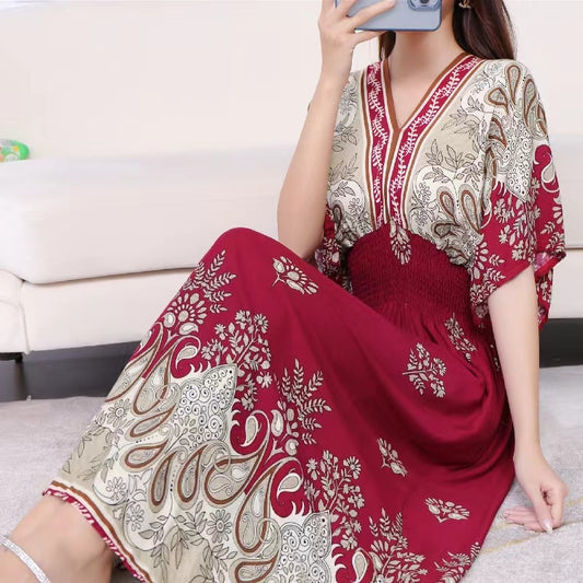 Casual Elegant V-neck Tunic Large Printed Dress Long Skirt