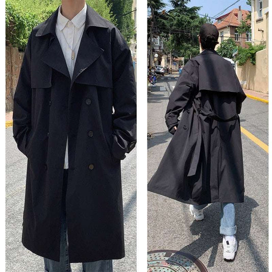 Men's black long solid trench coat streetwear windbreaker with double-breasted closure and turn-down collar
